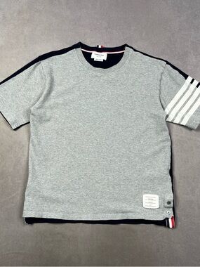 Thom Browne Grey Shirt with Navy Trim and Red-White Accent